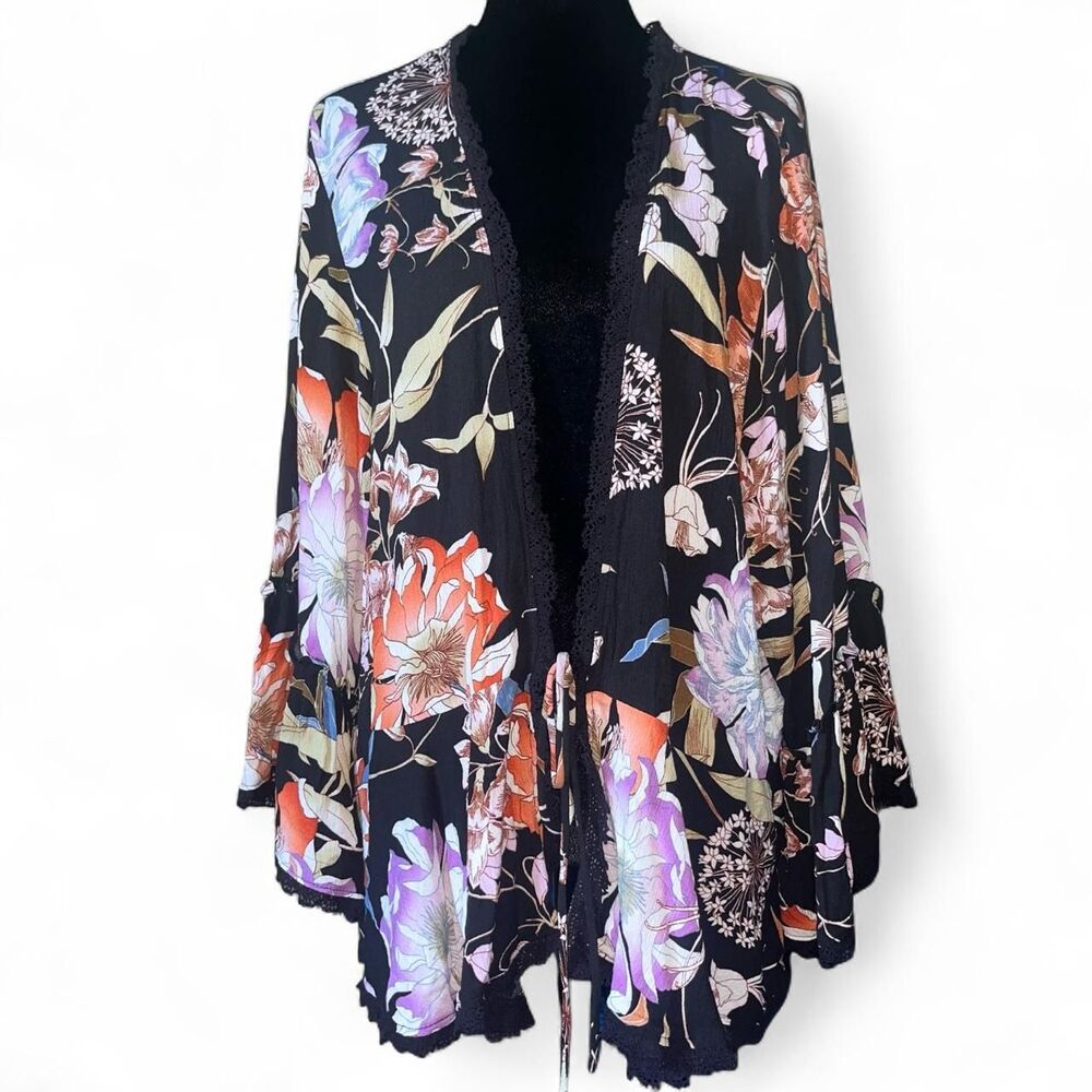 Knox Rose Women's Black Multicolored Floral Kimono Crepe Cardigan SZ L